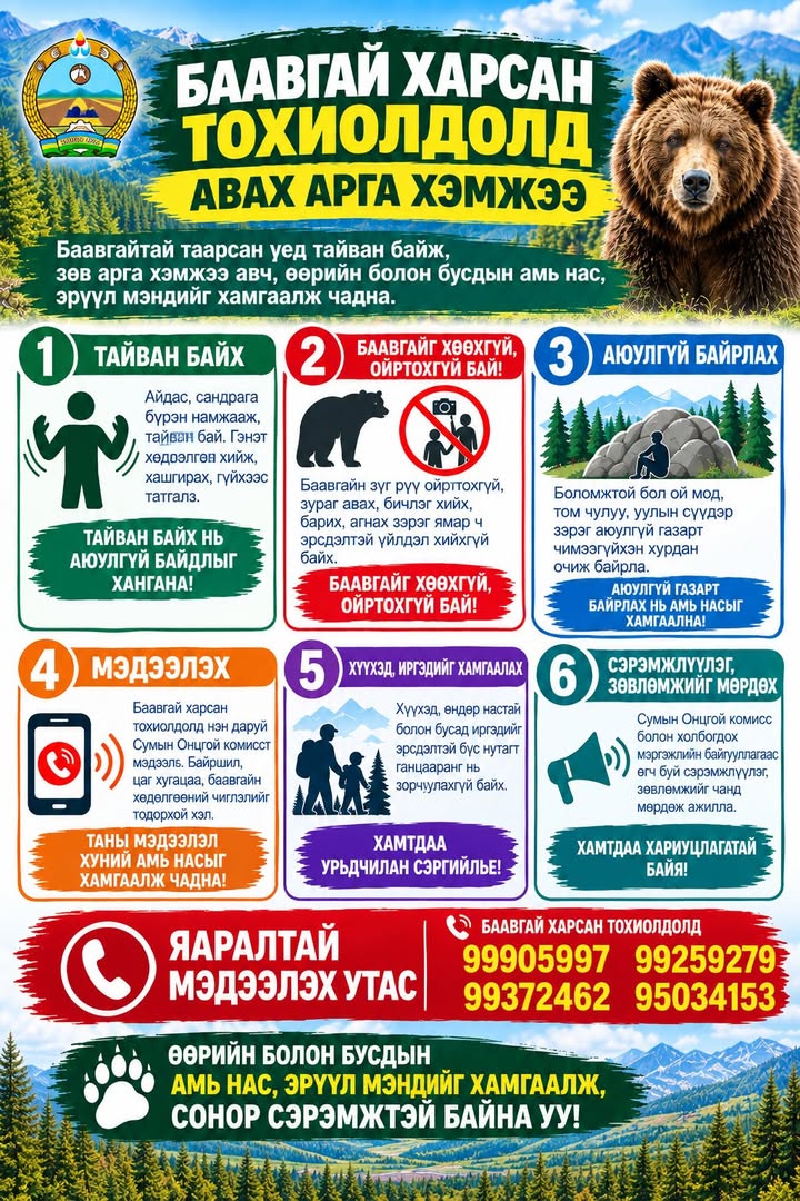 🐻 БААВГАЙН АЮУЛААС СЭРЭМЖИЛЬЕ!  Баавгай үзэгдсэн тохиолдолд Сумын Онцгой комисст нэн даруй мэдээллэх